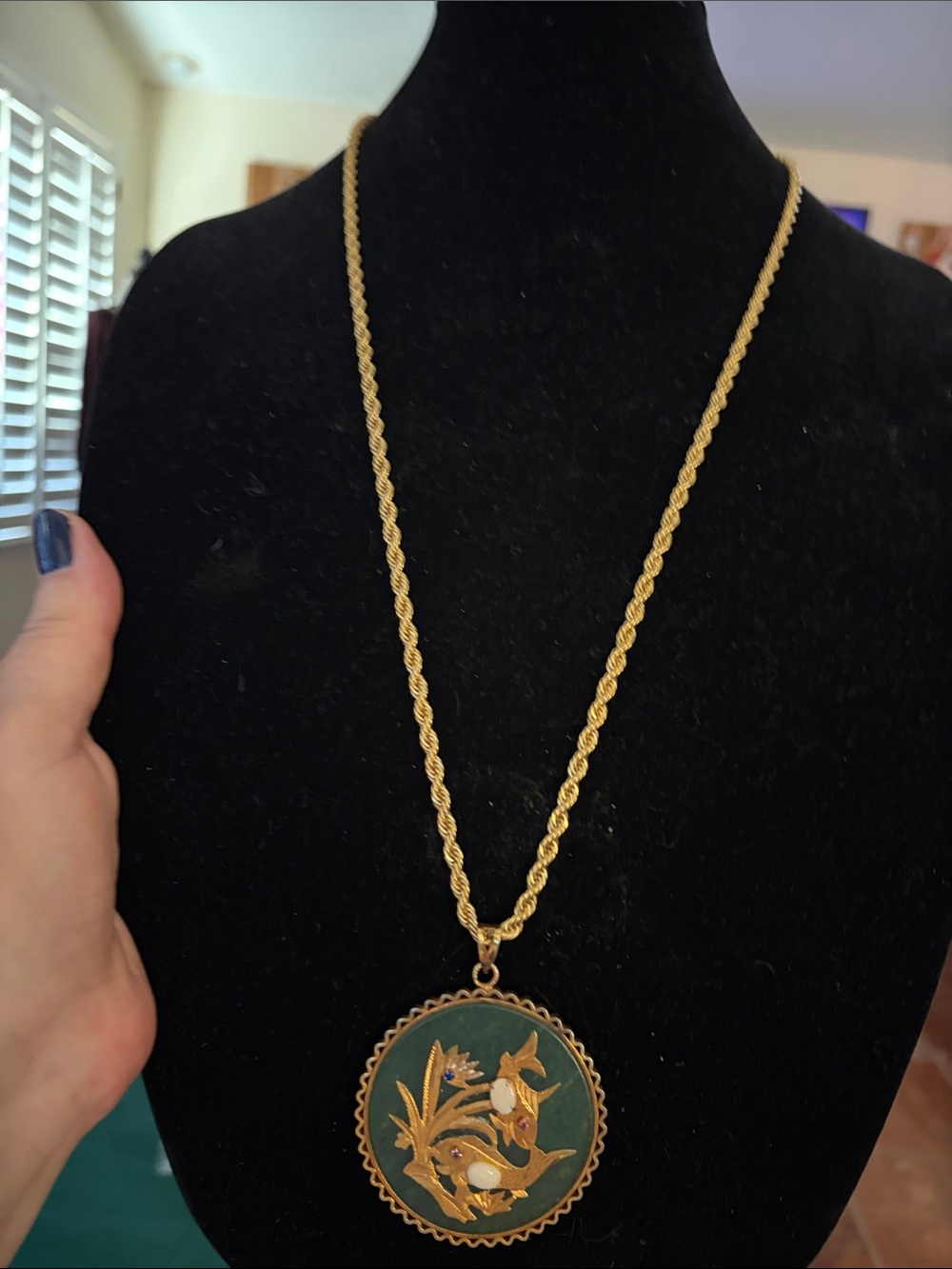 🧧💚Vintage Genuine Jayde, Gold & Gemstone Reversible Pendant W/30” Rope Chain